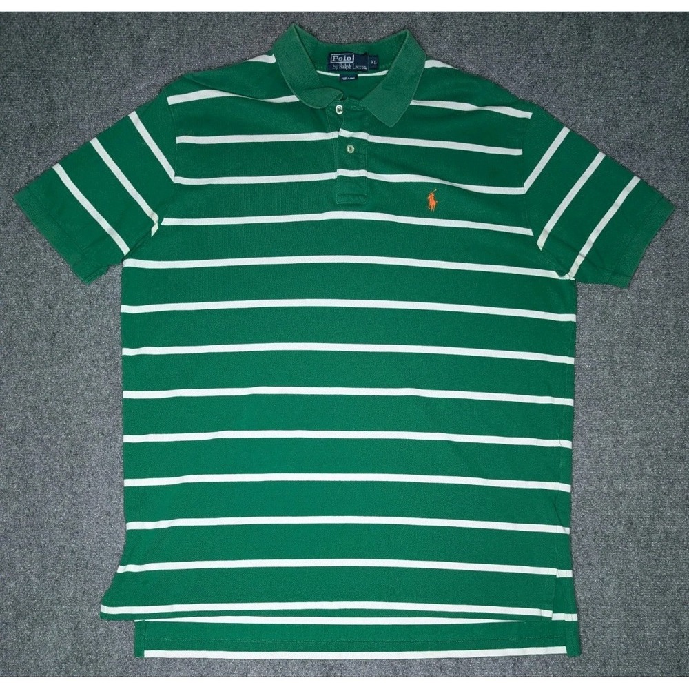 Vintage Polo Ralph Lauren Men's Polo Shirt Green Stripe Size XL Orange Pony